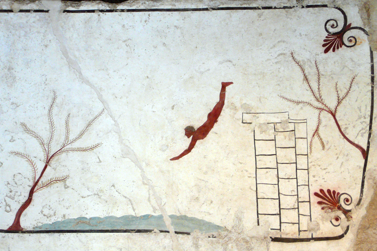 La fresque de la tombe du Plongeur a t dcouverte prs du site archologique de Paestum. Riche en symboles, la scne reprsente voque  la fois le saut vers linconnu et la rgnration.