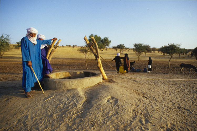 Les fils d’El Hadj Daoué – le propriétaire touareg du puits – sont à l’abreuvement avec des éleveurs wodaabe du clan kabawa. L’eau est à 40 mètres environ, aussi la tâche est-elle rude.